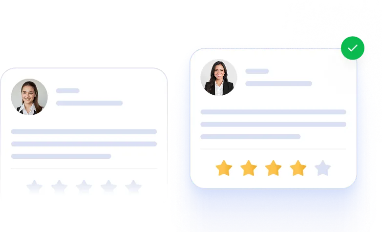 Two user review cards with profile photos and text placeholders, one with four gold stars and a green checkmark, the other with five faded stars.