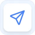 Blue paper plane icon on a rounded white square background.