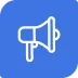 White megaphone icon on a blue rounded square background.