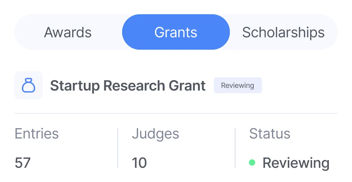 User interface with highlighted Grants tab showing Startup Research Grant under review with 57 entries, 10 judges, and status reviewing.