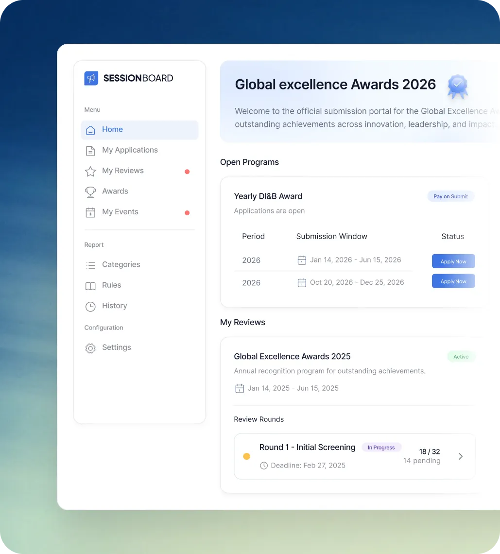 Dashboard interface for Global Excellence Awards 2026 submissions with menu options and open programs for awards applications.