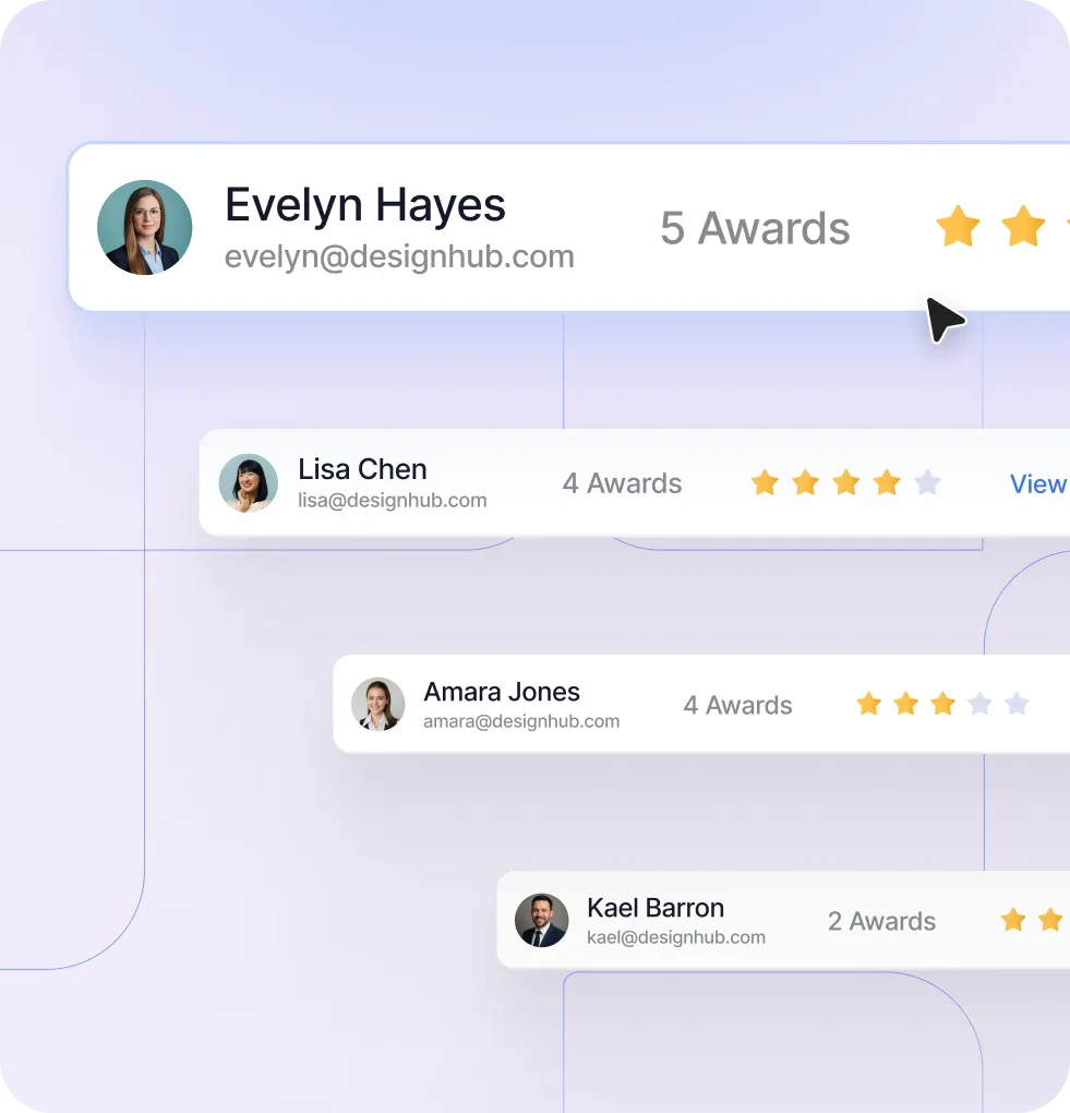 Profile cards showing award ratings for Amara Jones, Lisa Chen, Evelyn Hayes, and Kael Barron with star ratings and 'View profile' links.