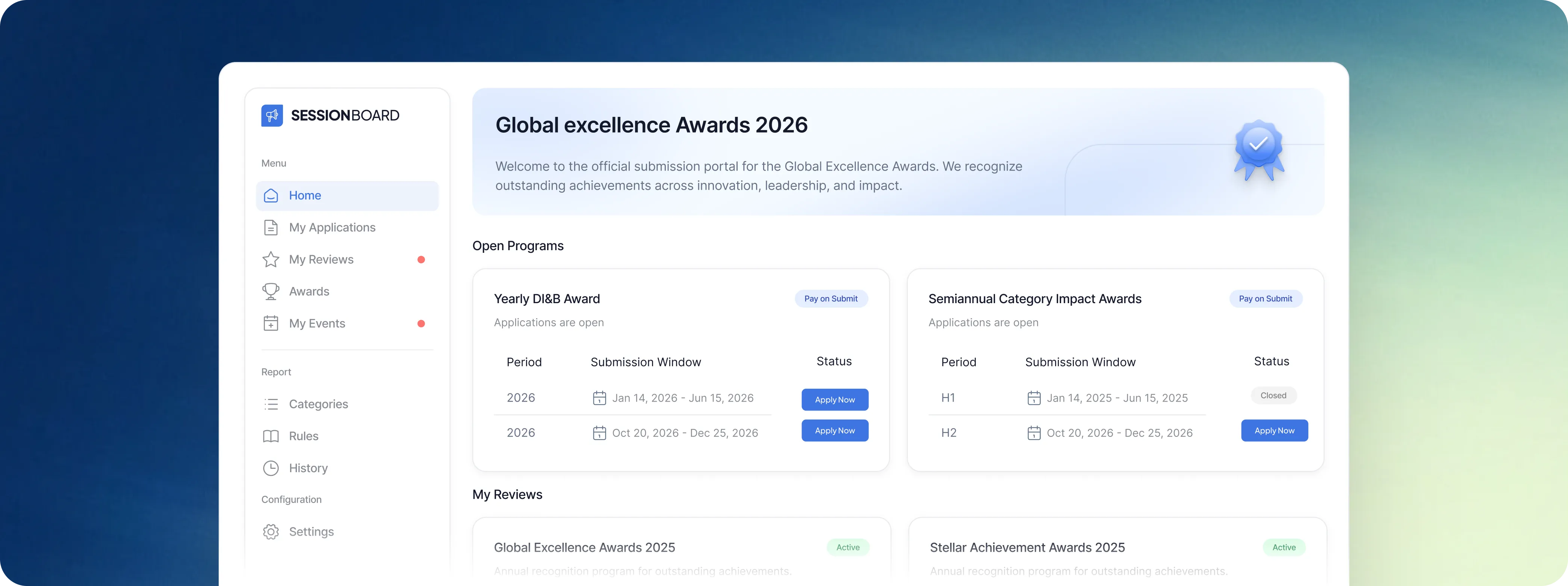 Dashboard interface for Global Excellence Awards 2026 submissions with menu options and open programs for awards applications.