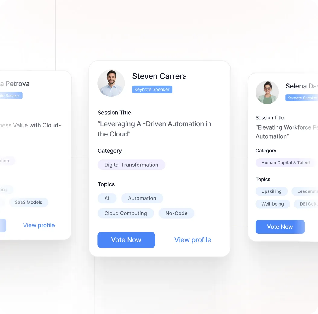 Profile card of Steven Carrera, Keynote Speaker, with session titled 'Leveraging AI-Driven Automation in the Cloud', category Digital Transformation, topics AI, Automation, Cloud Computing, and No-Code, featuring Vote Now and View Profile buttons.