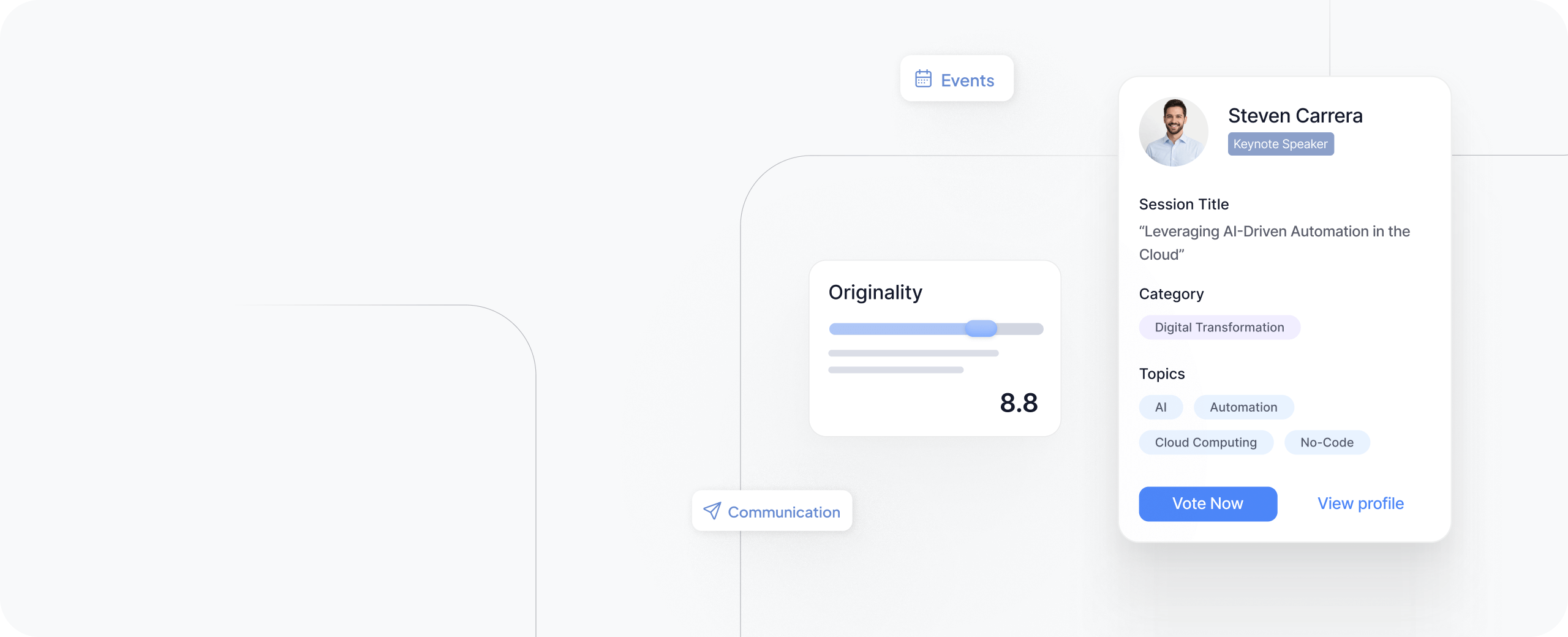 Event speaker card showing Steven Carrera as Keynote Speaker with session title Leveraging AI-Driven Automation in the Cloud, category Digital Transformation, topics AI, Automation, Cloud Computing, No-Code, originality score 8.8, and buttons to Vote Now or View profile.