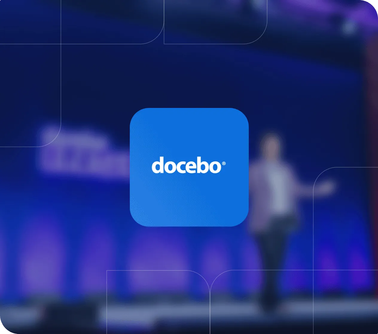 Docebo logo centered on a blue square with a blurred background showing a person on stage.