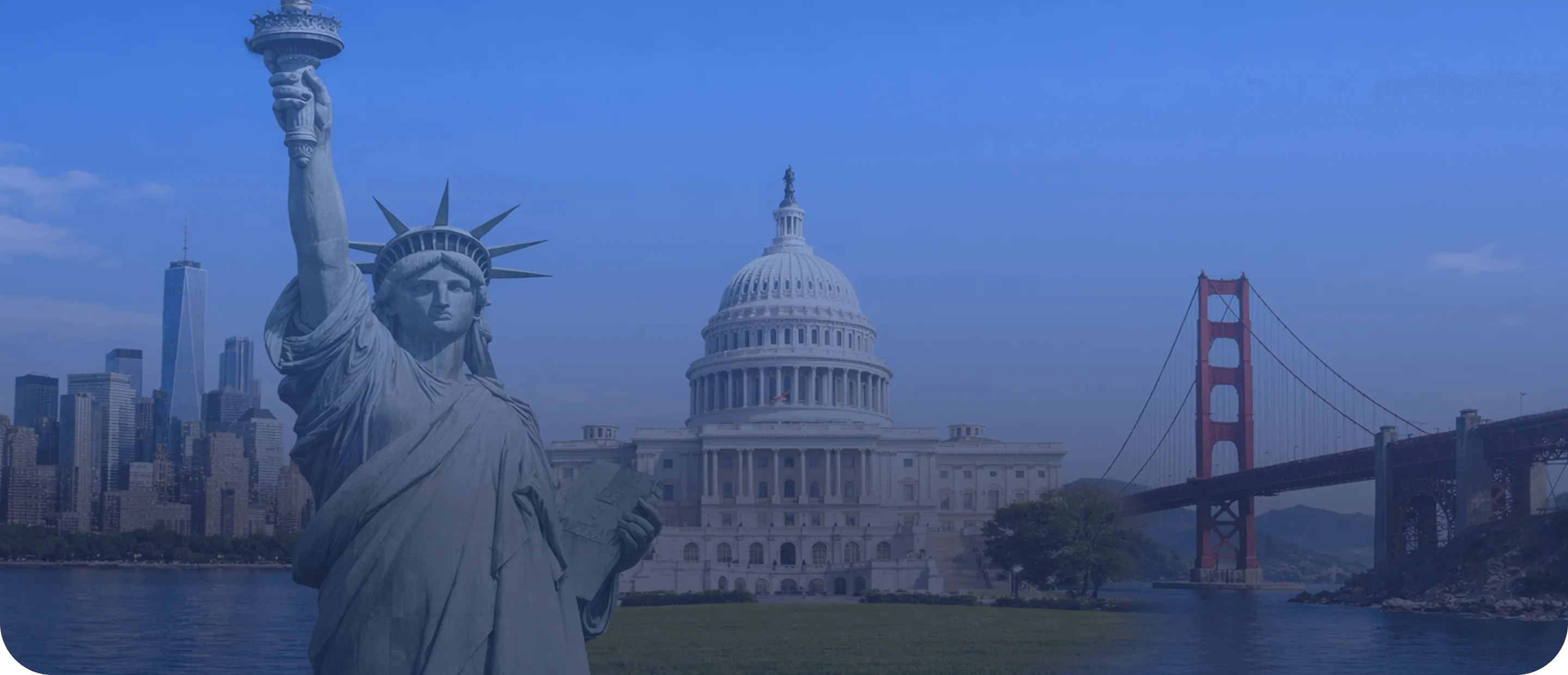 Collage of American landmarks including the Statue of Liberty, the U.S. Capitol building, and the Golden Gate Bridge against a blue sky.
