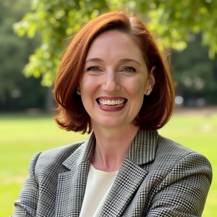 Smiling woman with long brown hair wearing a sleeveless black wrap dress against a black background.