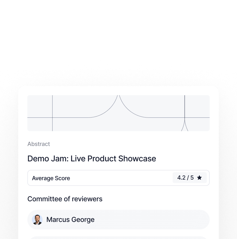 Review summary for Demo Jam: Live Product Showcase with average score 4.2 out of 5 and reviewer Marcus George shown.