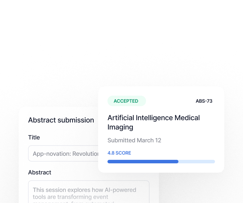 User interface card showing accepted abstract submission titled 'Artificial Intelligence Medical Imaging' with a 4.8 score and submission date March 12.