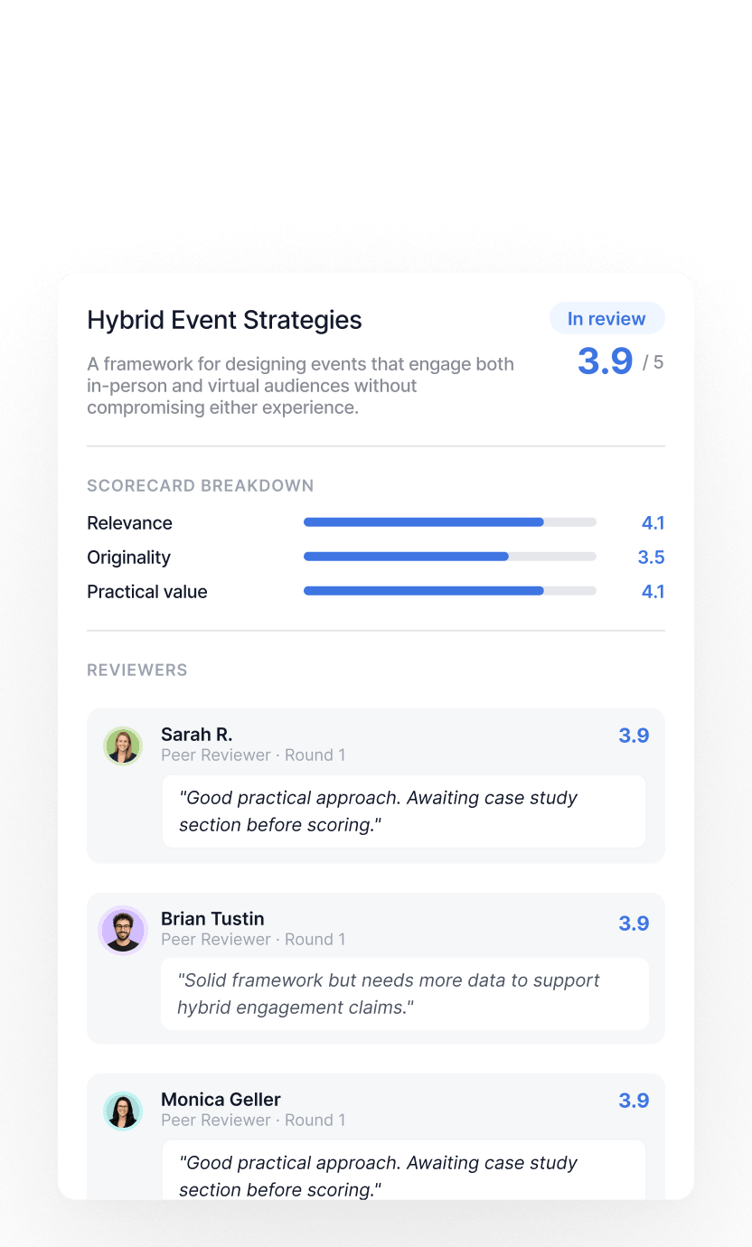 Hybrid Event Strategies review with a score of 3.9 out of 5 and scorecard showing relevance 4.1, originality 3.5, and practical value 4.1, including peer reviews from Sarah R., Brian Tustin, and Monica Geller.
