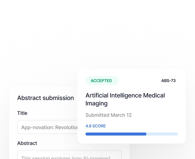 User interface card showing accepted abstract submission titled 'Artificial Intelligence Medical Imaging' with a 4.8 score and submission date March 12.