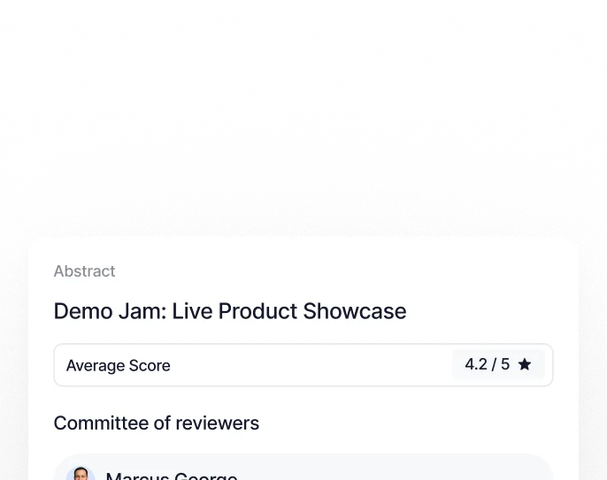 Review summary for Demo Jam: Live Product Showcase with average score 4.2 out of 5 and reviewer Marcus George shown.