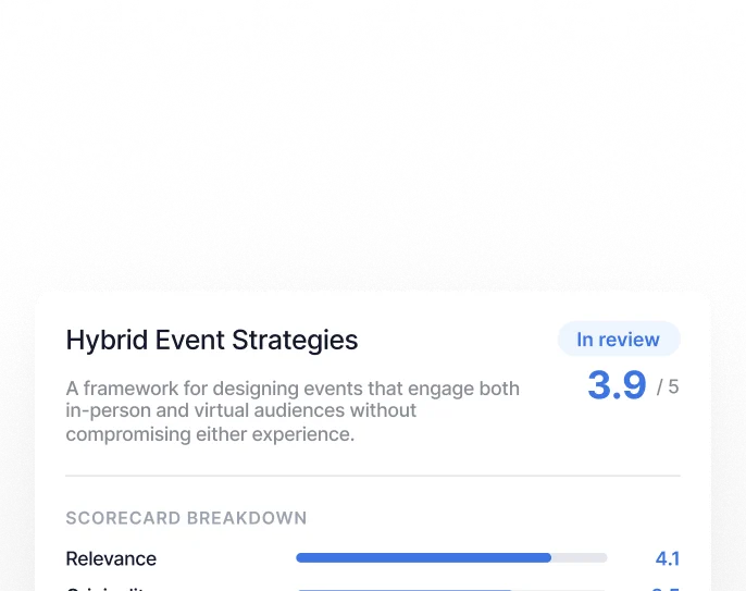 Hybrid Event Strategies review with a score of 3.9 out of 5 and scorecard showing relevance 4.1, originality 3.5, and practical value 4.1, including peer reviews from Sarah R., Brian Tustin, and Monica Geller.