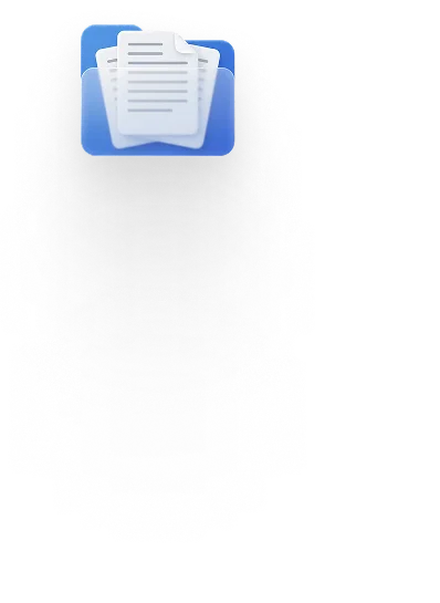 Icon of stacked white documents with text lines on a rounded blue background.