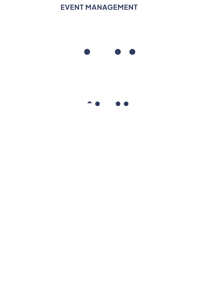 Event management header with four white oval buttons, the first three partially obscured with dark blue dots, and the bottom black oval button labeled 'And more'.