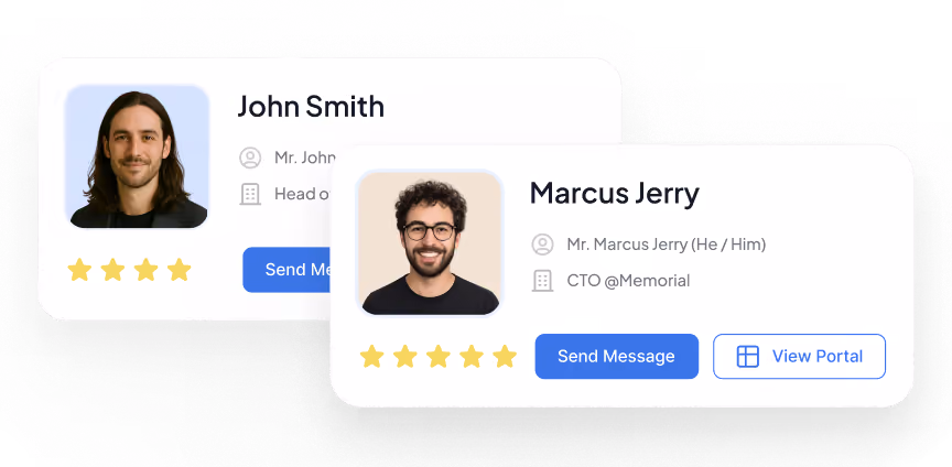 Two user cards showing John Smith, Head, and Marcus Jerry, CTO, with photos, star ratings, and message buttons.