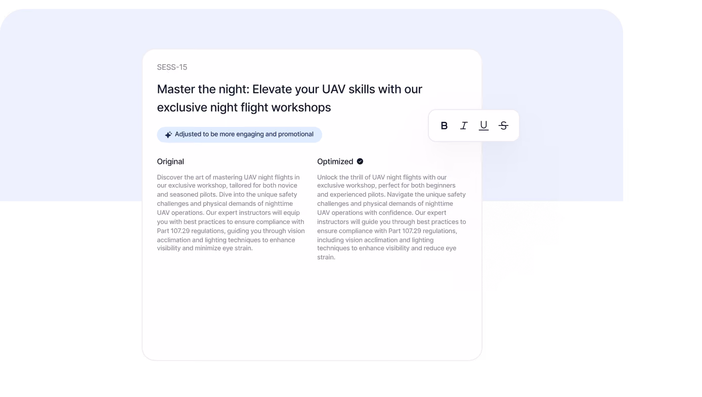 Comparison of original and optimized text improving promotion for UAV night flight workshops.