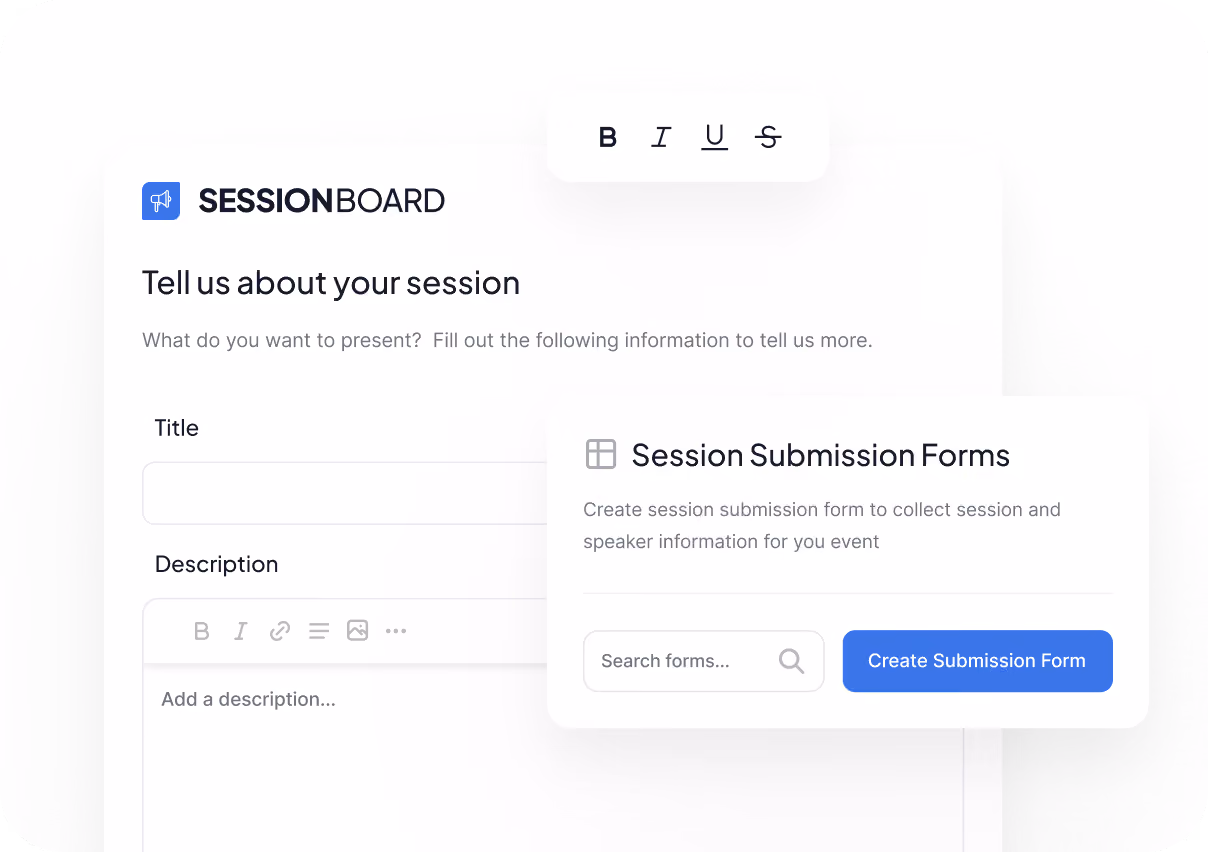 Form interface titled SESSIONBOARD to submit session details with title and description fields, and a submission form popup.