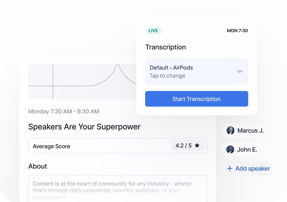 Interface showing a session titled Speakers Are Your Superpower with average score 4.2/5 and live transcription start option.