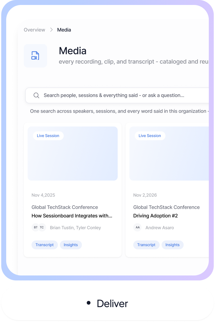 Media page with search bar and live session cards showing conference details and speaker names.