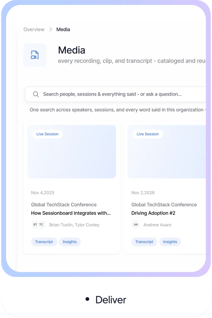 Media page with search bar and live session cards showing conference details and speaker names.