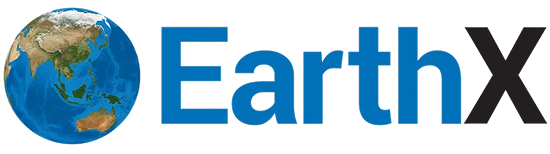 Earth planet illustration next to the text EarthX in blue and black font.
