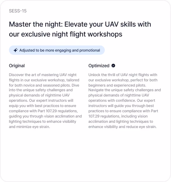 Comparison of original and optimized text improving promotion for UAV night flight workshops.