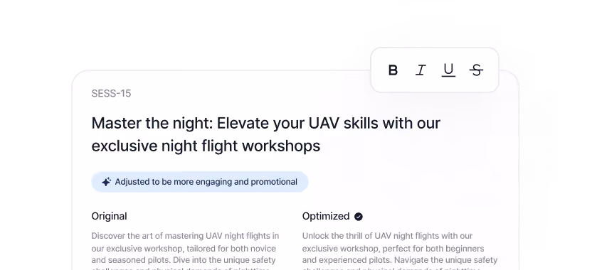 Comparison of original and optimized text improving promotion for UAV night flight workshops.