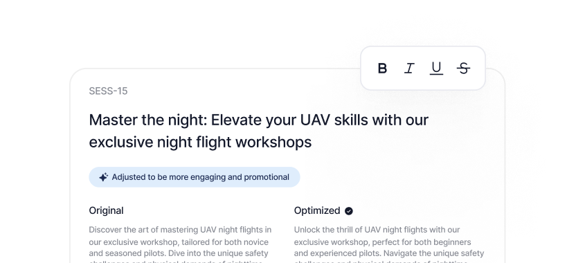 Comparison of original and optimized text improving promotion for UAV night flight workshops.