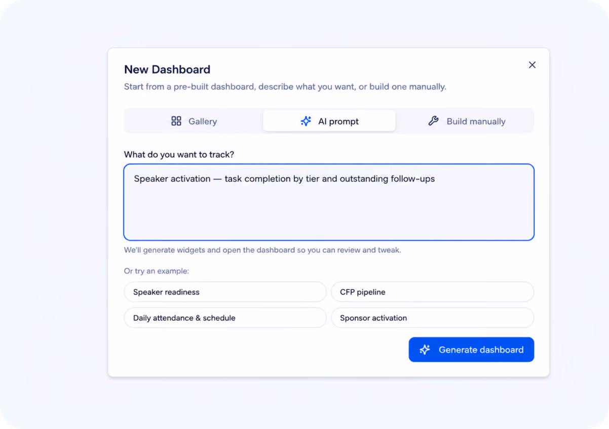 Interface for creating a new dashboard with options to track speaker activation and suggested templates.