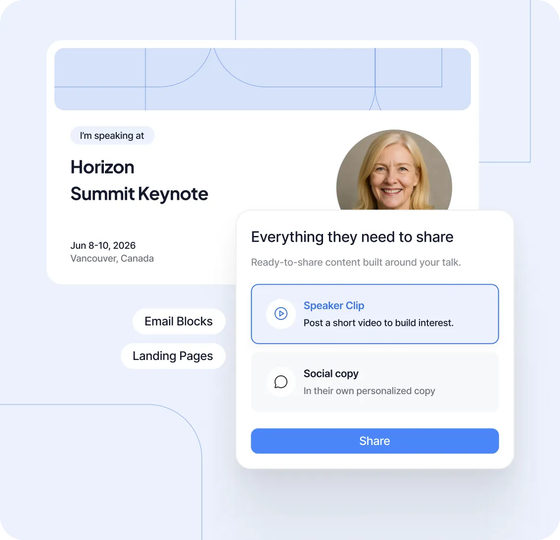 Interface showing Horizon Summit Keynote speaker info and share options for speaker clip and social copy.