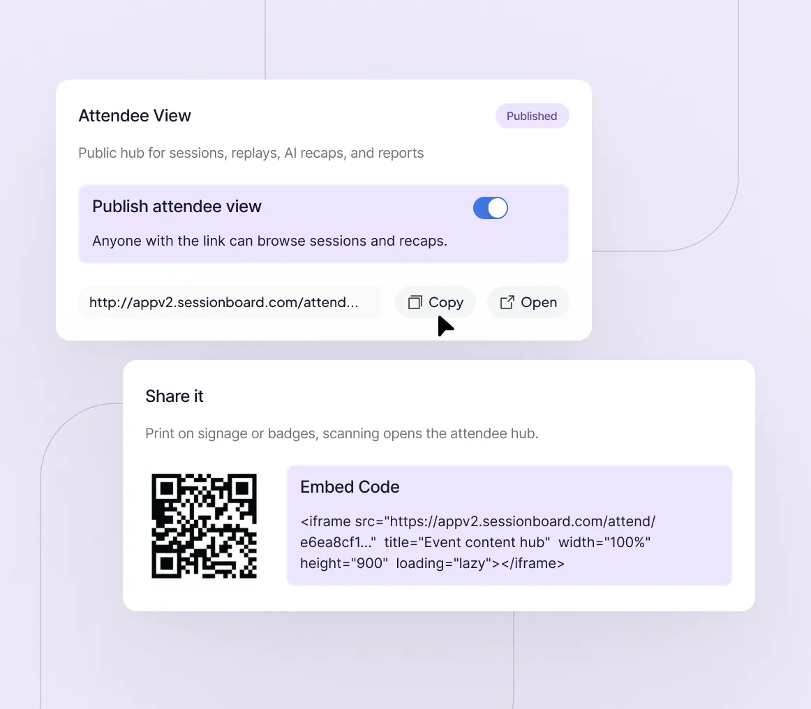 Attendee View settings with publish toggle, link copy and open buttons, QR code, and embed code for event hub.