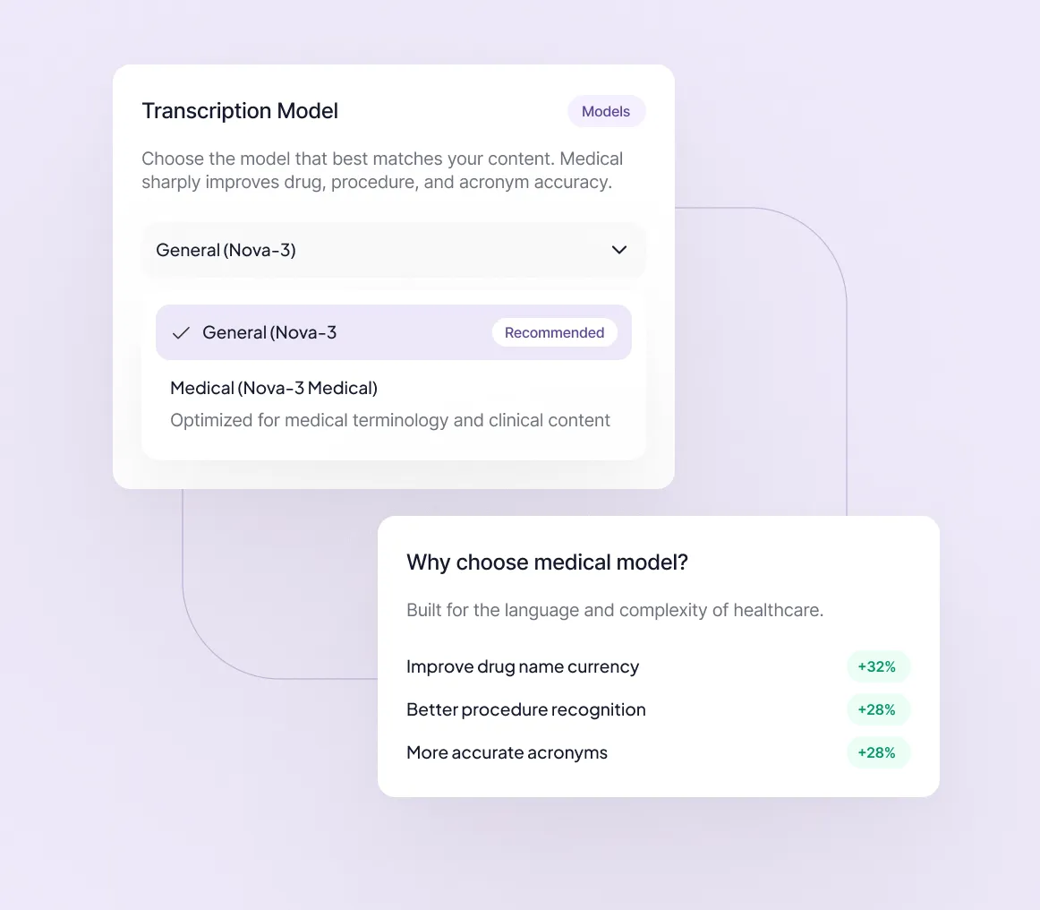 User interface showing transcription models General and Medical with benefits of Medical model listed with percentages.