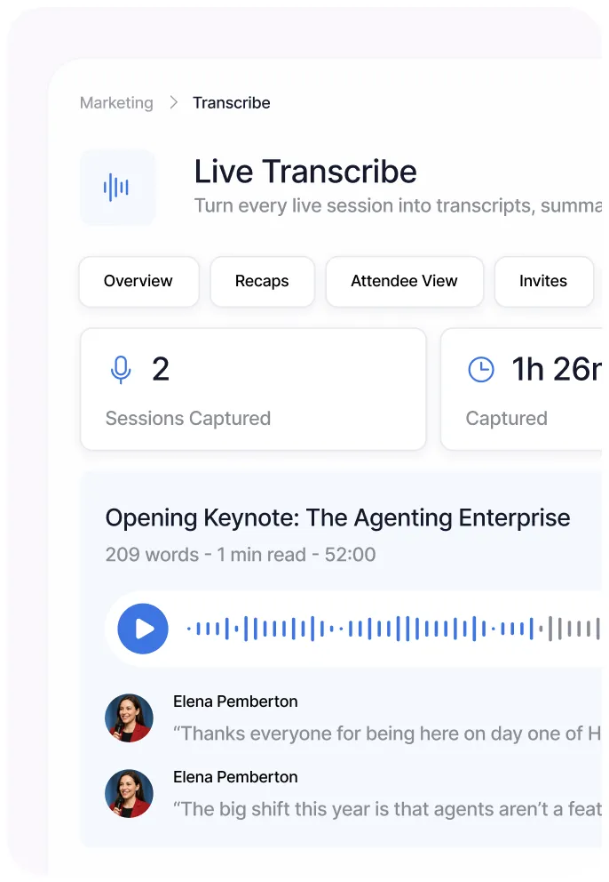 Live Transcribe app screen showing 2 sessions captured and an audio transcript of a keynote speech.