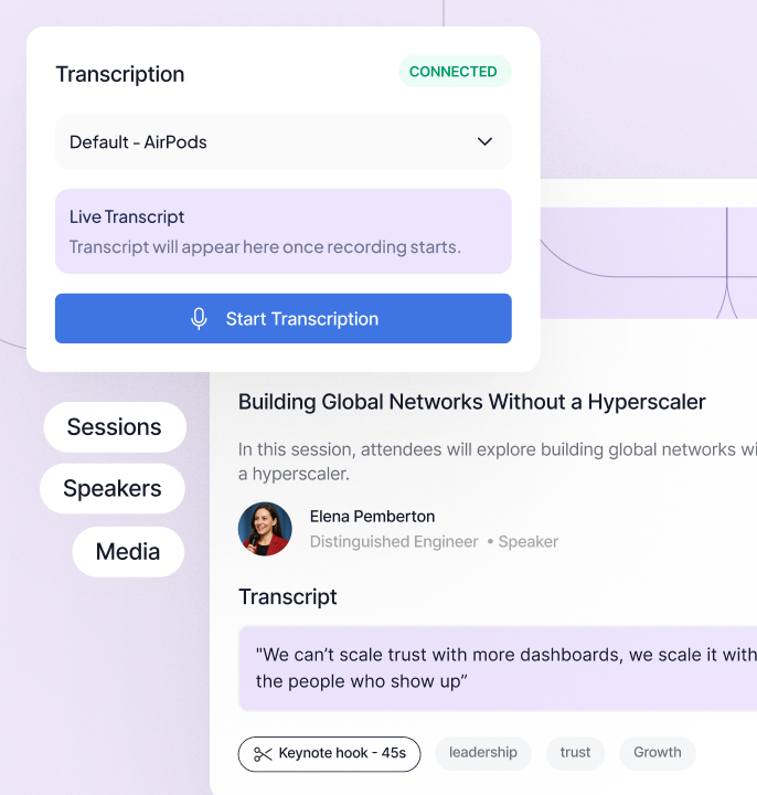 Interface showing a session on building global networks with speaker Elena Pemberton and live transcription feature.