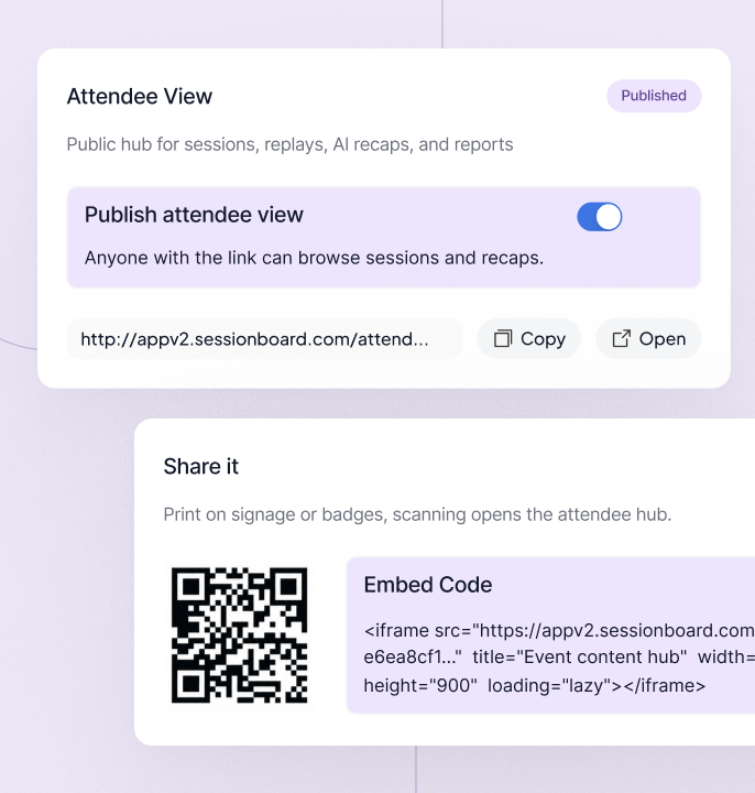 Attendee View settings with publish toggle, link copy and open buttons, QR code, and embed code for event hub.