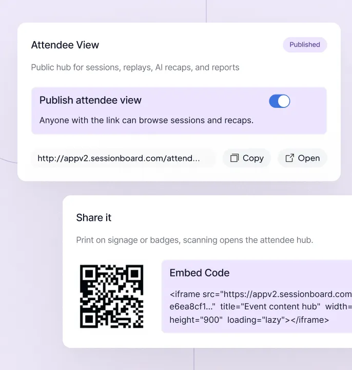Attendee View settings with publish toggle, link copy and open buttons, QR code, and embed code for event hub.