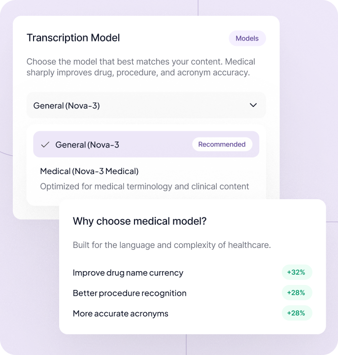 User interface showing transcription models General and Medical with benefits of Medical model listed with percentages.