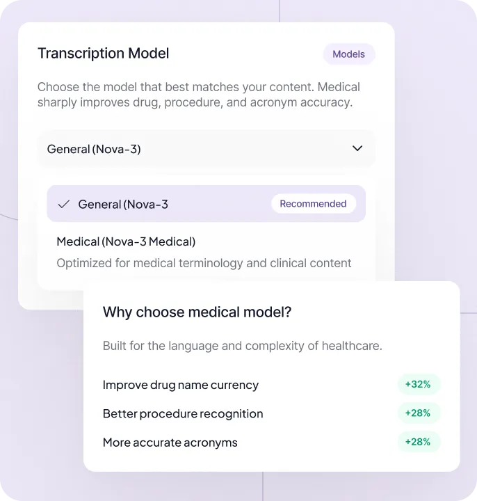 User interface showing transcription models General and Medical with benefits of Medical model listed with percentages.