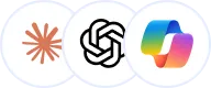 Three circular icons: orange starburst, black interlocking lines, and multicolor abstract shape.