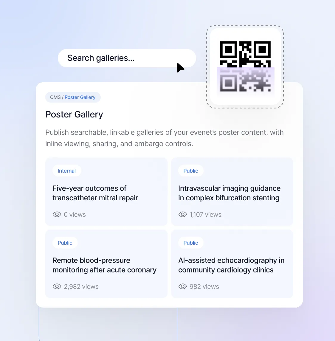 Poster Gallery interface showing a search bar with a cursor pointing at it and four poster entries with view counts and labels for internal or public access, accompanied by a stylized QR code in the top right corner.