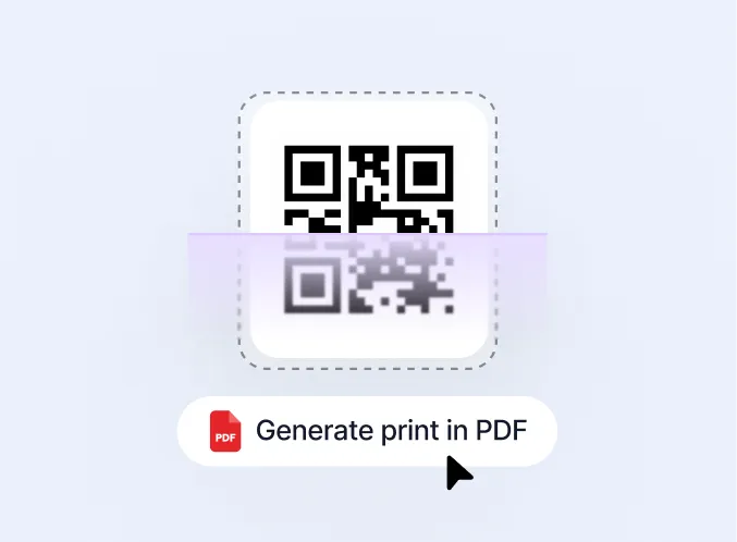 A QR code icon with a mouse pointer hovering over a button labeled 'Generate print in PDF' accompanied by a PDF file icon.