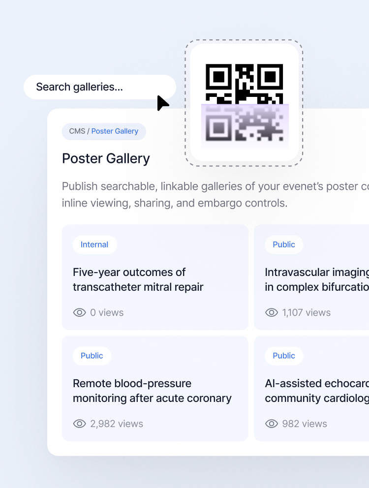 Poster Gallery interface showing a search bar with a cursor pointing at it and four poster entries with view counts and labels for internal or public access, accompanied by a stylized QR code in the top right corner.
