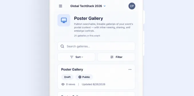 Screenshot of a mobile phone displaying sessionboard.com interface for 'Global TechStack 2026' event, showing a Poster Gallery section with options to search, sort, and filter galleries, and details of a gallery labeled as draft and public with zero views and an update date of 8/26/2026.