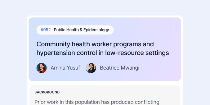 A digital card highlighting a study titled 'Community health worker programs and hypertension control in low-resource settings' under Public Health & Epidemiology with ID #952. It shows profile photos and names of two researchers, Amina Yusuf and Beatrice Mwangi. A partial background section mentions conflicting estimates in prior work on this population.