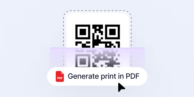 A QR code icon with a mouse pointer hovering over a button labeled 'Generate print in PDF' accompanied by a PDF file icon.