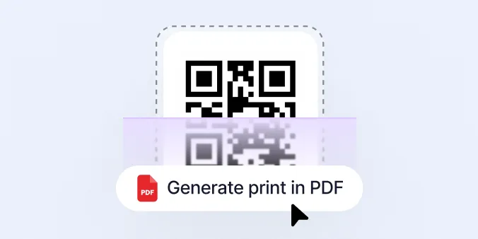 A QR code icon with a mouse pointer hovering over a button labeled 'Generate print in PDF' accompanied by a PDF file icon.