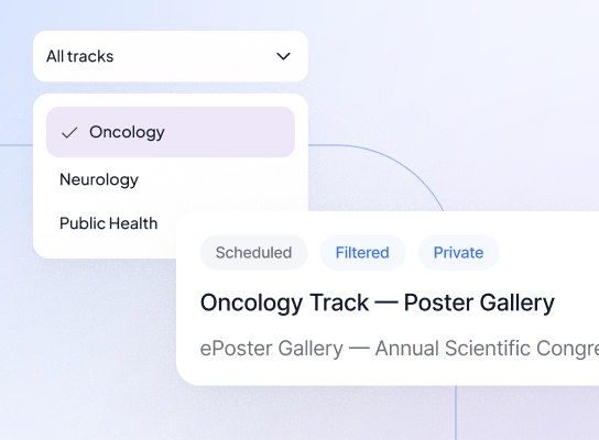 Dropdown menu showing track options: Oncology selected, Neurology, Public Health, with three cards on the right labeled Oncology Track Poster Gallery, Scientific Poster Hall Demo, and Nursing Research Showcase, each tagged with status labels such as Scheduled, Filtered, Private, Live, Demo, and Public.