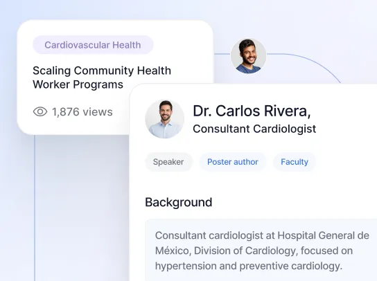 Profile card for Dr. Carlos Rivera, Consultant Cardiologist, showing his background at Hospital General de México focused on hypertension and preventive cardiology. The card includes tags Speaker, Poster author, Faculty, and small photos of two other individuals. Two topic cards are shown: Cardiovascular Health with 'Scaling Community Health Worker Programs' having 1,876 views, and Global Health Track with 'Equity of Access in Low-Resource Settings' having 1,107 views.